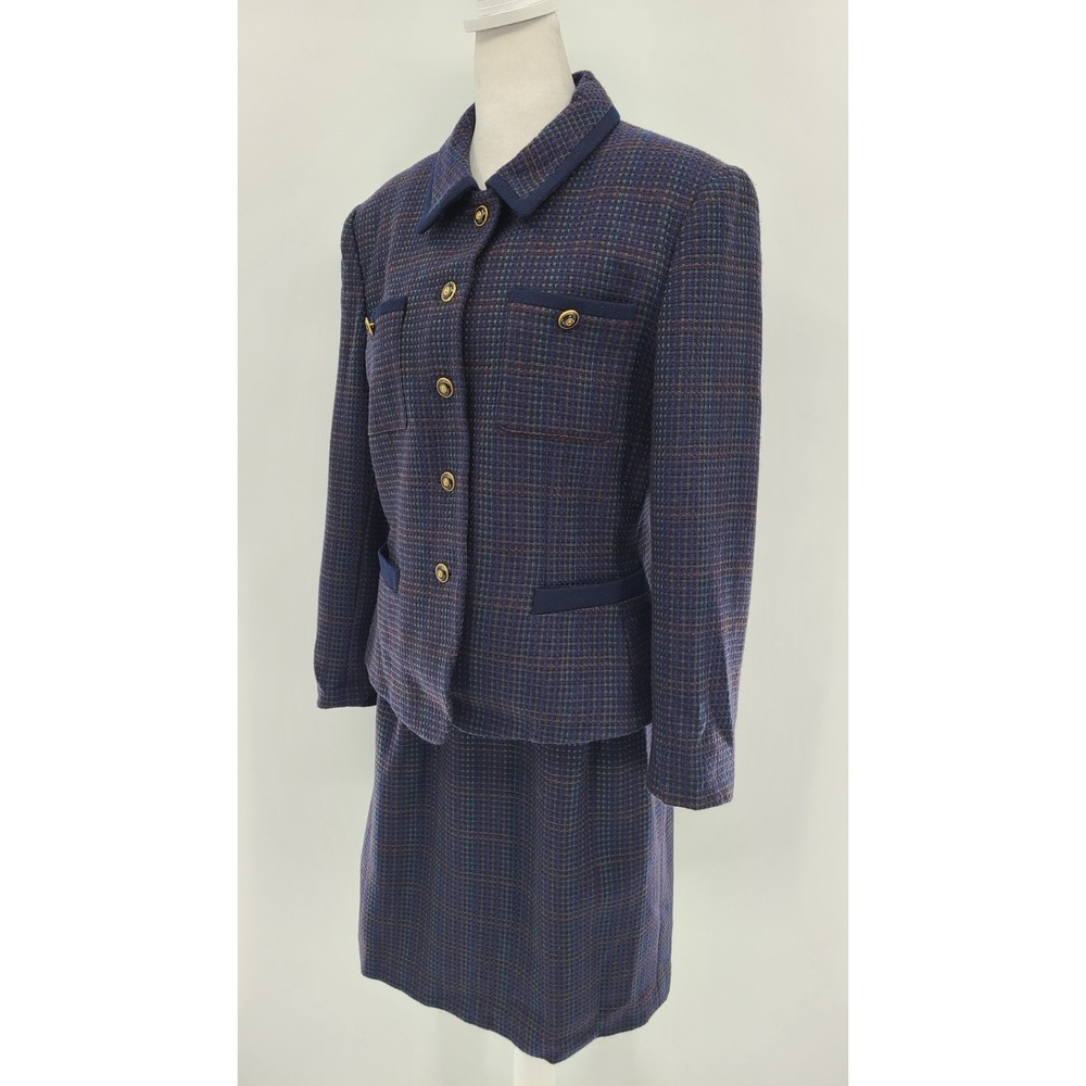 Kasper ASL Tweed Navy Skirt Suit Set 12 Petite Wool Vtg Career Dark Academia - Picture 3 of 12